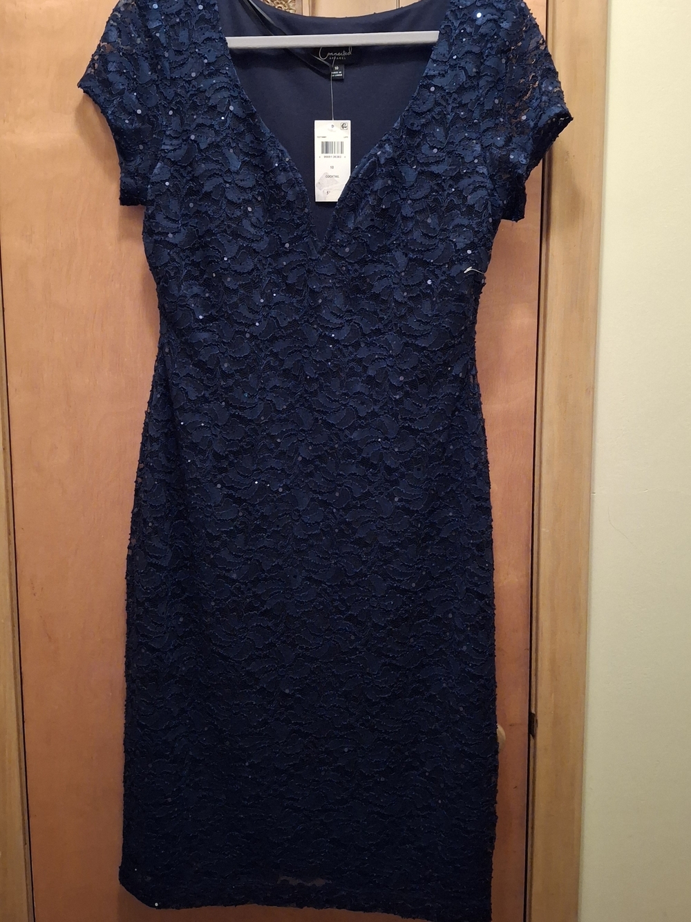 Connected Apparel Navy Lace Sequin V-Neck Sheath Dress Size 10